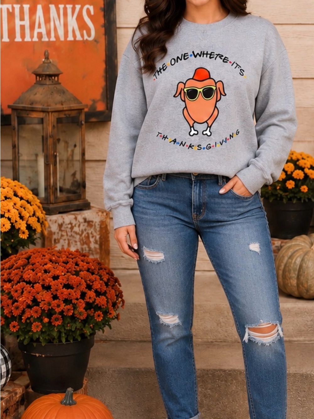 “The One Where It’s Thanksgiving” unisex grey graphic crewneck sweatshirt - Picture 3 of 5